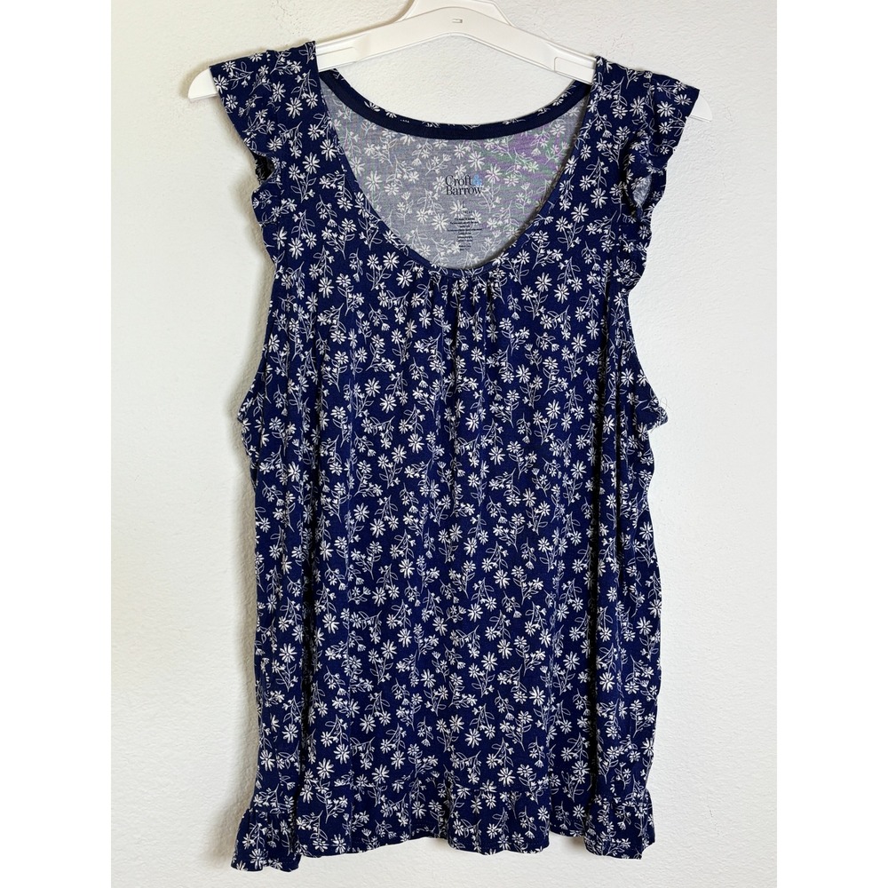 Croft & Barrow Navy Blue Floral Ruffle Sleep Tank Top Large